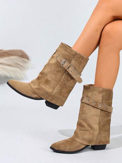 Women's Metal Eyelet Decor Solid Color Pointed Toe Mid-Calf Boots, Retro Style, Leather, Chunky Heel, Suitable For Daily Wear, Vintage-Themed Parties, Autumn/Winter