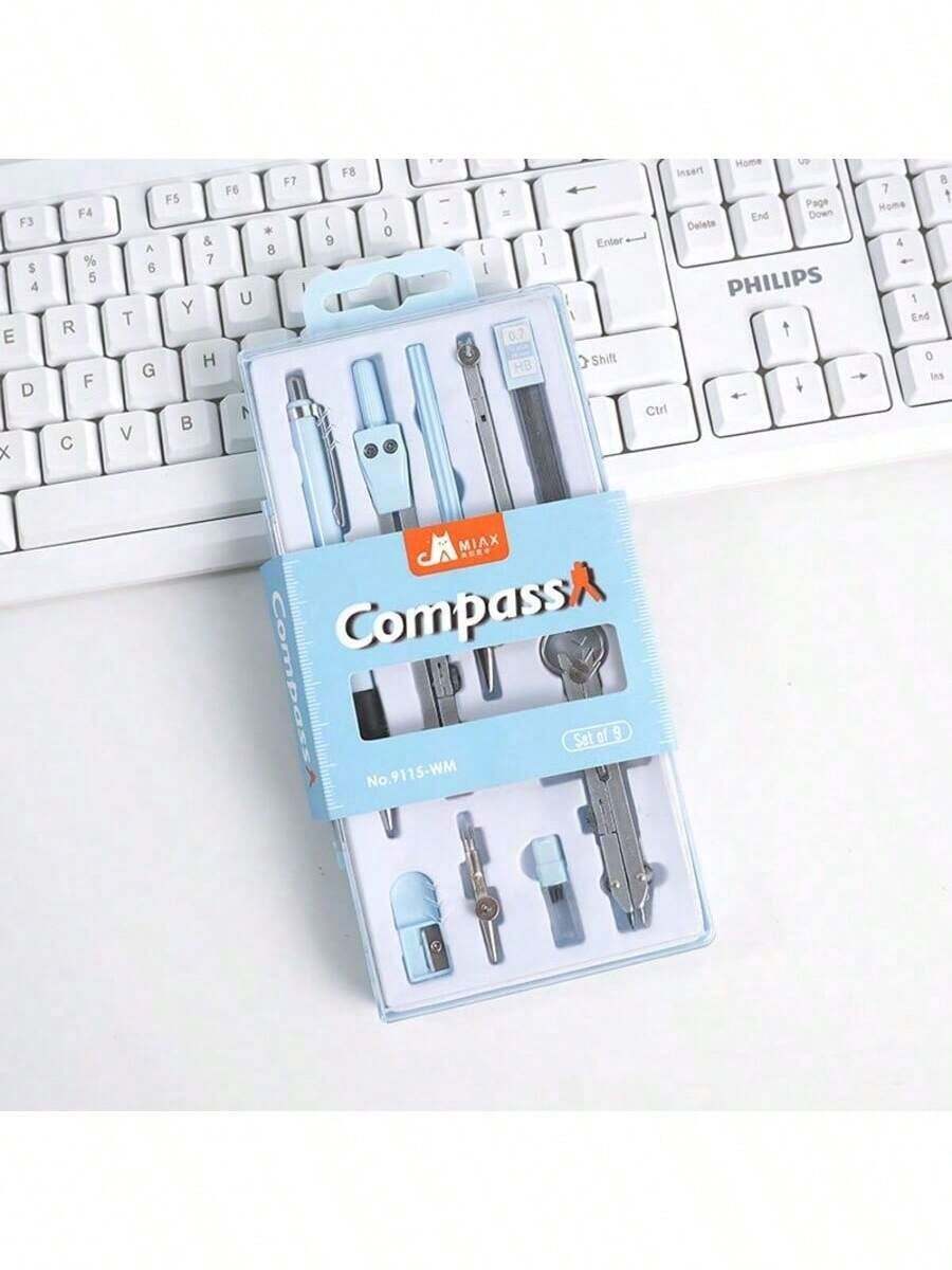 Compass Set, 9 Pieces Geometry Compass, Protractor Set, Geometry Set With Shatterproof Storage Case, Geometry Kit, Drawing Tools - Niebieski - Zobacz 1