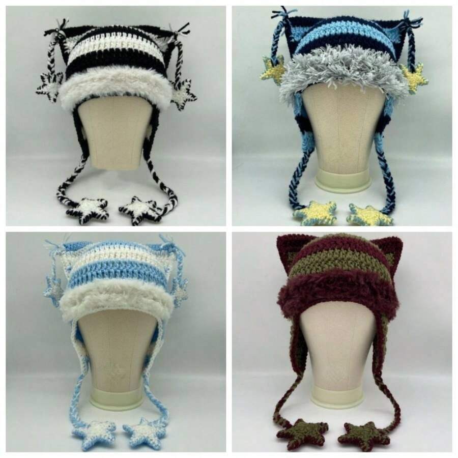 Gorros de gato Y2k Gorro de punto gtico Grunge Crochet Gorros para mujer y2k Accesorios - M + Negro Blanco - Ver 1