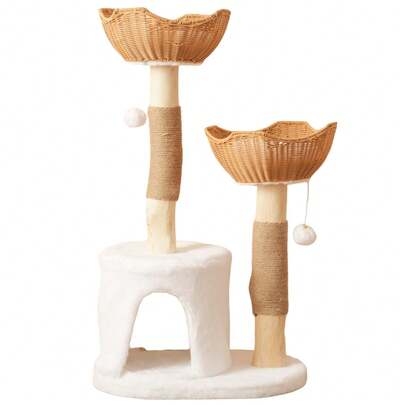 Solid Wood Cat Tree 108cm – Cat Scratching Post With 2 Baskets & Cave, Natural Wood & Sisal, With Plush Ball & Thick Cushion – Scratching Post For Large Cats & Kittens