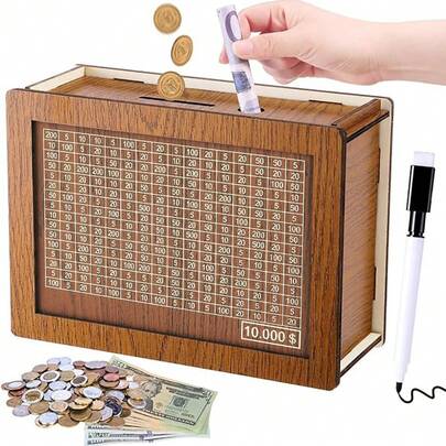 10000 Savings Challenge Box, Cashbox Kakeibo Money Saving Box, Money Vault Saving, Wood Money Box, Gadget Gift Decoration For Teens And Adults For Christmas, Easter, Valentines Day