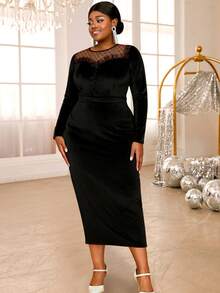 Women's Velvet Long Sleeve Black Party Bodycon Dress, Mesh Patchwork Formal Business Work Midi Dress, Suitable For Dates, Parties, Weddings, Bridesmaids, Graduations, Wedding Guests - Black - View 7