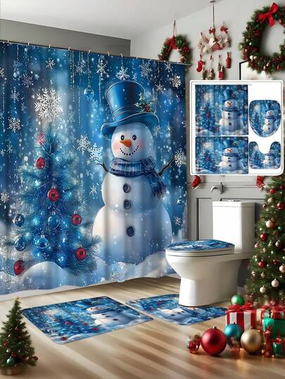1/4pcs Christmas Blue Snowman Series Christmas Decorative Shower Curtain Set, With Non-Slip Rug, Christmas Bathroom Decor, Bathroom Accessories Include Bathroom Rug, U-Shaped Mat, Toilet Seat Cover, 71*71 Inch Shower Curtain With 12 Hooks