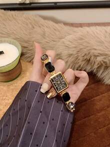 1 chiếc đồng hồ nữ thạch anh bóng bẩy, mặt vuông, thời trang và đa năng cho đeo hàng ngày, có sẵn màu hồng/vàng/đen. - màu đen - Xem 5