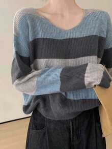 Autumn/Winter New Loose V-Neck Colorblock Striped Long Sleeve Top For Women, Random Panels - Blue - View 5