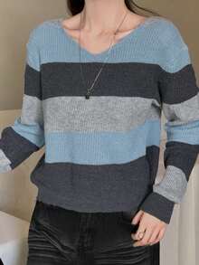 Autumn/Winter New Loose V-Neck Colorblock Striped Long Sleeve Top For Women, Random Panels - Blue - View 2