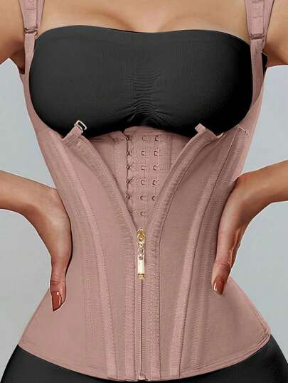 Nuovo corsetto elastico vintage a 15 stecche, in stile corpetto, con chiusura a chiusura lampo, modellante e in rete sulla vita