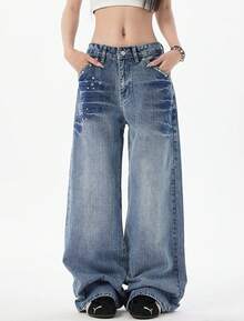 Womens Rivet Wide Leg Jeans Low Rise Baggy Jeans Straight Denim Pants Fall - 藍色 - 查看 2