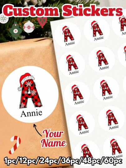 Pegatinas redondas personalizadas de Navidad con texto personalizado - Set de 1/12/24/36/48/60 piezas, pegatinas redondas con nombre festivo personalizado para etiquetado de regalos de Navidad, etiquetas navideñas clásicas ideales como sellos de sobres y etiquetas de regalo, pegatinas redondas con inicial de Papá Noel perfectas para envolver regalos navideños, pegatinas de Navidad con nombre personalizado