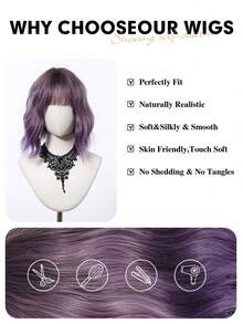 Ombre Purple Short Wavy Lolita Wig With Bangs, Platinum Blonde Bob Style, Heat-Resistant Synthetic Wig Suitable For Women's Daily, Party, Cosplay, Music Festival And Other Occasions - 漸層紫 - 查看 7