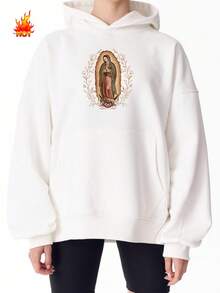 Our Lady Of Guadalupe Virgin Mary Fleece Hoodie, Mother Hoodie, Latina Hoodie Gift For Catholic Mom, Vintage 90s Y2K - Soft, Breathable Crew Neck, Lightweight & Comfortable Casual Summer Wear, Women's Tops, White - White - Fleece Hoodie - 查看 3