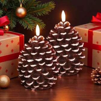 逼真无焰LED蜡烛，松果造型 - 暖白棕色乡村风桌面摆件，塑料材质，逼真树皮纹理，适用于圣诞节、派对装饰、壁炉、壁炉架 - 无需电池，圣诞装饰品，冬季房间装饰，圣诞家居装饰，圣诞礼物，圣诞装饰
