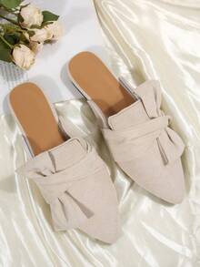 米色穆勒鞋，尖头女式露背乐福鞋，蝴蝶结装饰，优雅百搭的一脚蹬平底鞋 - 米色 - 查看 9