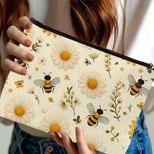 Sac de maquillage imprimé avec motif mignon de miel et fermeture éclair. Sac de cosmétiques et de toilette au style boho floral. Sac réutilisable pour médicaments, sac de rangement pour stylos et accessoires esthétiques animaux. Sac de rangement pour le maquillage et les voyages. Pour l'école, la décoration d'été, le rangement de collations. 23 cm x 15 cm