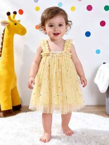 女嬰花卉刺繡褶邊網紗覆蓋連衣裙 - 黃色 - 查看 5