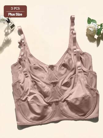 3 pezzi/set Reggiseni casual e comodi di colore unito, in tessuto a maglia, con fiocco davanti, per donne taglie forti