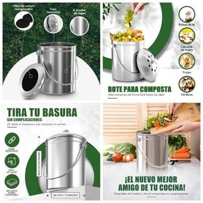 Contenedor de Compost, Compostador de Cocina, Contenedor de Abono, Compost con Filtro de Carbn de 1.3 Galones con Tapa, Compostador de Acero Inoxidable para Cocina, Bote de Basura