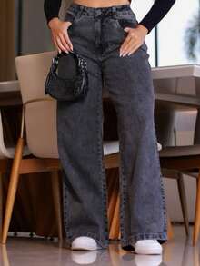 Dark Wide Leg Jeans - Dark Wash - View 6
