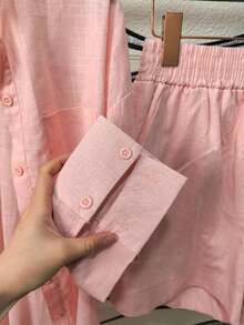 Imported Women's Linen Set / Button / Lining / / Women's - Berwarna merah muda - View 2