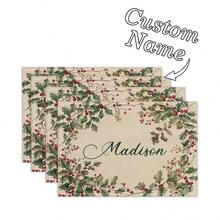 1 PC Custom Linen Photo Placemat Christmas Holly Leaves Encircling Red Berries Beige Background Pattern Elegant Name Embroidery Perfect For Christmas, New Year, Family Gatherings, Holiday Dinners, Winter Table Settings