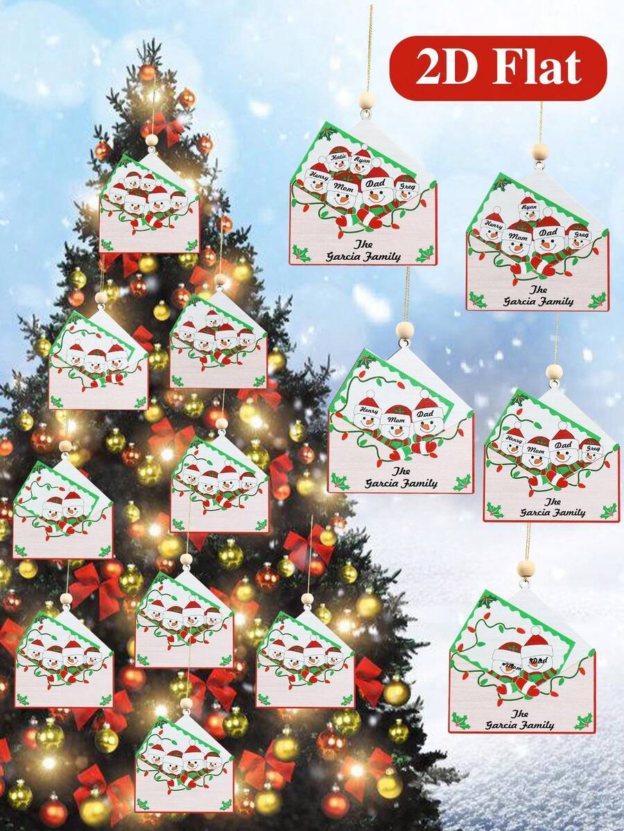 1pc Christmas Hanging Ornament, Family Of 2/3/4/5/6 Snowman Figure Perfect Christmas Ornaments, Envelope Frame Design Wooden Pendant For Home Decoration, Christmas Tree Decoration, Christmas Gift, Family Souvenirs, 2025 Christmas Decoration, Merry Christmas, Holiday Party Favors, Xmas Party Decor, Christmas Party Supplies,