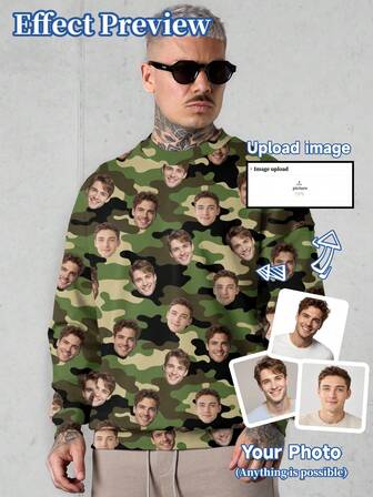 Felpa mimetica personalizzata da uomo, personalizzata con motivi, ritratti di uomini, donne, bambini, animali domestici, cartoni animati, pullover divertente