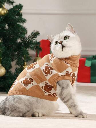 UFBemo 1pc Pet Sweater, Gingerbread Man Pattern Khaki Christmas Outfit, Soft Fabric Suitable For Cats & Small/Medium Dogs, Festive & Warm For Winter