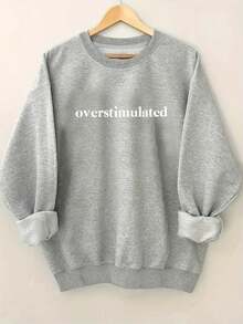 2025 New Women's Sweatshirt Round Neck Sweater For Women With "Overstimulated" Print - Soft Pink Casual Sweatshirt With Gathered Sleeves, Machine Washable, Comfortable Clothing For All Seasons Loose And Comfortable - 橄欖綠 - 查看 8