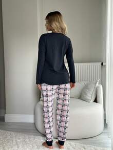 Women's Cartoon Bear Round Neck Long Sleeve Top And Plaid Pants Pajama Set - Black - View 3