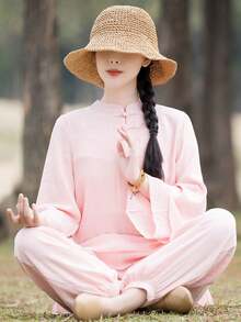 LUCIDVUE 2pcs Women's White Improved Hanfu Set, Chinese Style Asymmetric Design Tang Suit, Retro Button Flare Sleeve Linen Top And Casual Lantern Pants, Suitable For Spring/Summer Zen Tea Ceremony, Yoga, Tai Chi Pink - Pink - View 12