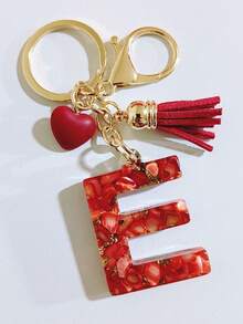 26 Choices Red Epoxy First Initial Letter Keychain, Cute Heart Tassel Keychain, Fashion Bag Accessory Wallet Charm Pendant, Party Favors, Suitable As Gifts For Friends - Beige - View 3