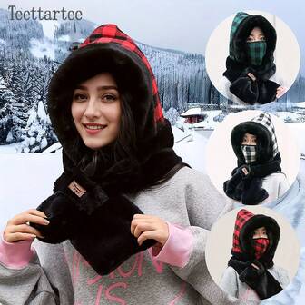 冬季新款保暖绒毛帽围巾套装，带可拆卸面罩，保暖内衬，护耳，防风，多种颜色可选，经典格子图案设计，适合户外骑行、露营、滑雪、徒步、钓鱼、寒冷天气下的运动。