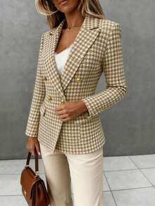 Áo khoác blazer dáng rộng tay dài họa tiết răng sói cài hai hàng khuy thời trang thanh lịch kiểu Pháp dành cho nữ vào mùa thu đông - Màu Khaki - Xem 9