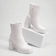 Athlefit Women's Block Heel Ankle Boots - Thick Platform Square Toe Dress Booties With Non-Slip Sole - trắng - Xem 3