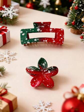 2 Stücke Weihnachts-Rot & Grün Farbverlauf Haarklammern, blumenförmig & rechteckig mit Elch und Schneeflocken Weihnachtselementen, elegant und modisch, süß und minimalistisch, Haaraccessoire für Damen im Herbst & Winter, für den Alltag, Weihnachten, Geschenke, passend zu Kleidung, klassische dekorative Haarklammern