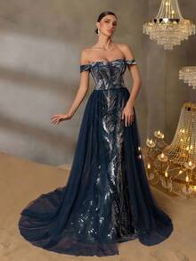 Elisanya Đầm dạ hội cocktail nữ thời trang đính sequin phối lưới patchwork phong cách vintage thanh lịch cho tiệc cưới, sinh nhật, lễ hội và sự kiện trang trọng - Xanh đậm - Xem 4