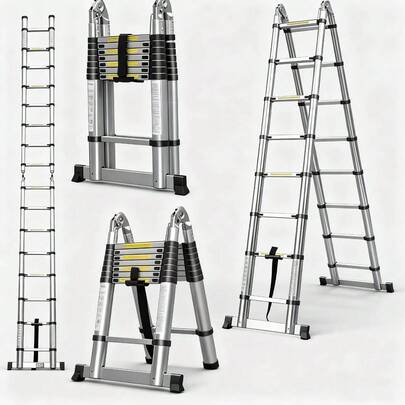 LMstarz Scala telescopica pieghevole da 5 metri (2.5 m + 2.5 m) in forma A, terzo, in acciaio inossidabile, antiscivolo, multiuso, retrattile, portatile, con capacità di carico di 150 kg.