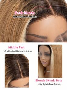 QVR QUEEN VIRGIN REMY QVR渐变棕色波波头蕾丝前假发，真人发丝，带金色条纹，透明蕾丝前假发，4x4封闭式波波头假发 - S4/27/613 - 查看 3