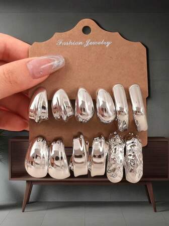 2/6/12 件女士粗银环形耳环开口环形耳环套装