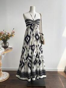 Rusttydustty Women's Black Print Halter Tie Neck Dress, Suitable For Music Festivals And Similar Occasions - Black - View 2