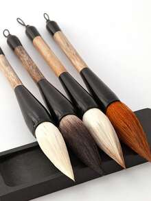 一套包含大号狼毛笔、大号爪毛笔和羊毛笔，用于中国画书法练习，并配羊毛大号桶刷。