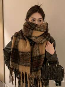 1pc Autumn/Winter Fashionable Plaid Men Scarf, Thick Warm Tassel Scarf, Warm And Simple Design, Casual Scarf Suitable For Daily Use Men Scarves