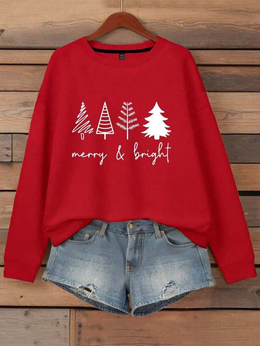 Women Winter ClothesLUNE Women's Merry & Bright Christmas Trees Print Sweatshirt For New Year ClothesLoose And Comfortablesweaters For Women - 紅色2 - 查看 1