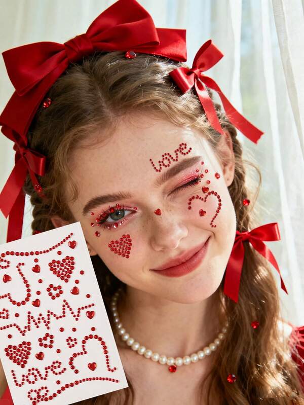 Red Heart-Shaped LOVE Rhinestone Decorations, Suitable For Eye Corner/Nail/Face Decoration, Suitable For Music Festivals, Carnivals, Valentine's Day, Y2K Style Parties, Daily Decoration, Makeup Parties, Balls And Other Occasions, Can Be Used For Hair, Eyes, Face And Body Decoration