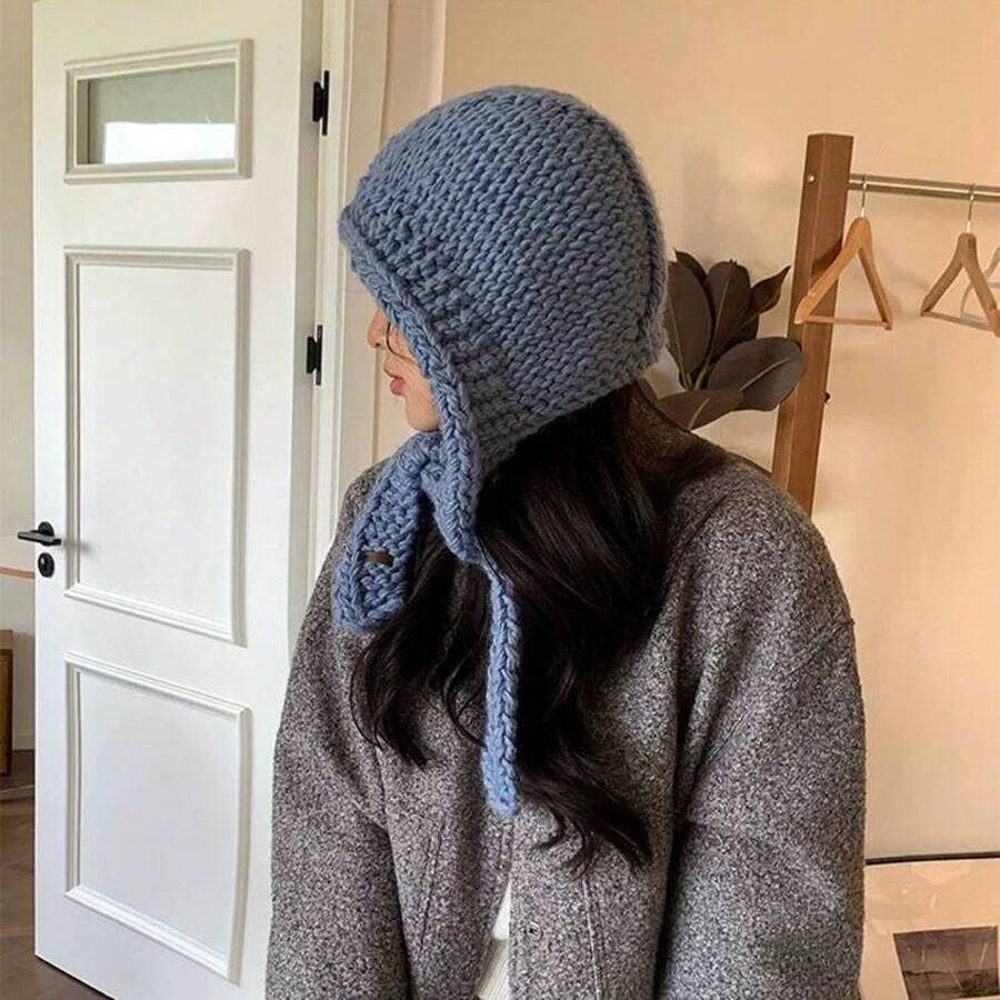Korean Style Hand-Knitted Balaklava Hat For Women, Autumn And Winter Warmth, Large Head Circumference Wool Hat, Face-Slimming Ear Protection Hat, Fashion  Style - Milky White - View 1