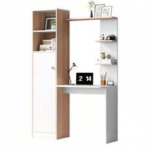 Arbeitstisch/Schreibtisch Mit Aufbewahrung – White Mit Stabholzkontrast, Unterer Schrank Mit Türen Und Oberes Offenes Regal, Büro-Design, 123.5x45x168.5 Cm - White - View 1