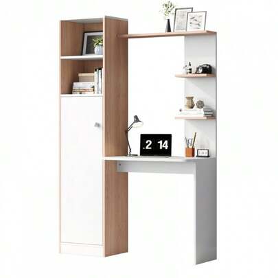 Arbeitstisch/Schreibtisch mit Aufbewahrung – White mit Stabholzkontrast, unterer Schrank mit Türen und oberes offenes Regal, Büro-Design, 123,5x45x168,5 cm