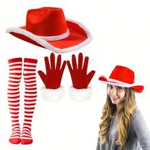 圣诞服装和配饰套装，包括 1 顶红色圣诞帽、1 副手套和 1 双袜子、角色扮演派对用品和道具 - 彩色 - 查看 2
