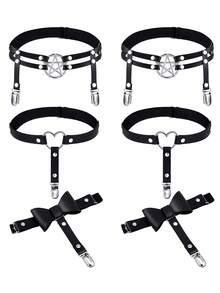 女士朋克风过膝长筒袜吊袜带，饰有心形、星星、蝴蝶结图案，可调节松紧带，带防滑夹扣