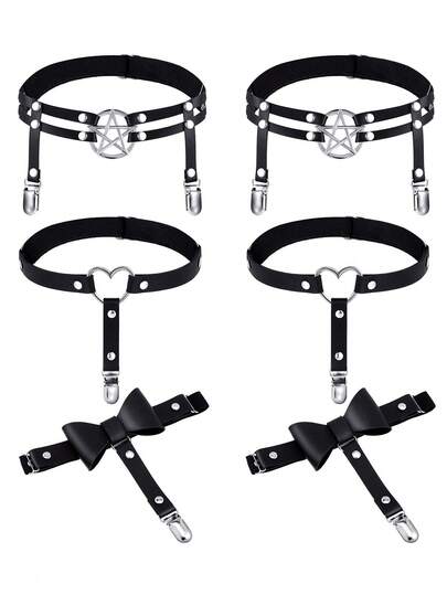 Women's Punk Style Thigh High Stockings Garter Belts With Heart, Star, Bow Decor, Adjustable Elastic With Non-Slip Clips